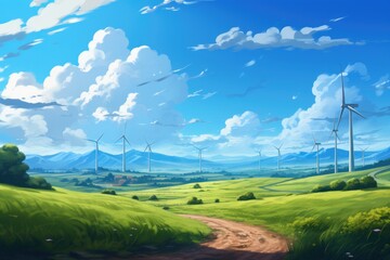 field and sky landscape with wind turbines