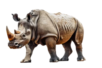 Zelfklevend Fotobehang Isolated side view of walking rhino on transparent background.generative ai © LomaPari2021