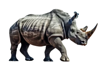 Muurstickers Isolated side view of walking rhino on transparent background.generative ai © LomaPari2021