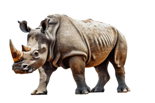 Isolated side view of walking rhino on transparent background.generative ai