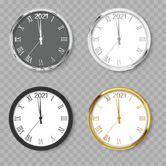 Set of wall clocks for Xmas on transparent background. Vector