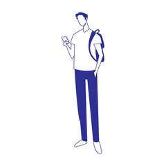 Illustration of Faceless Male College Student Character Holding a Smartphone. Vector Design