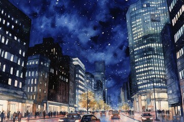 Night view of Marunouchi with analog watercolor. Generative AI