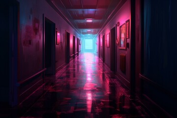 Illustration of dimly lit hallway with neon lights. Generative AI