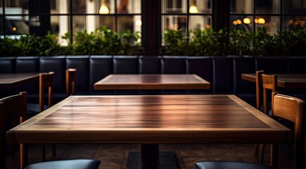 Retro urban chic. Empty wooden table in modern cafe setting. City lifestyle vibe. Abstract blurred in vintage restaurant. Cosy urban corner
