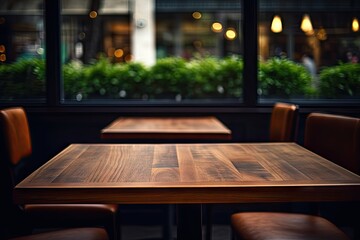 Retro urban chic. Empty wooden table in modern cafe setting. City lifestyle vibe. Abstract blurred in vintage restaurant. Cosy urban corner