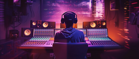 a person is audio mixing headphones in a recording studio. generative ai. - obrazy, fototapety, plakaty