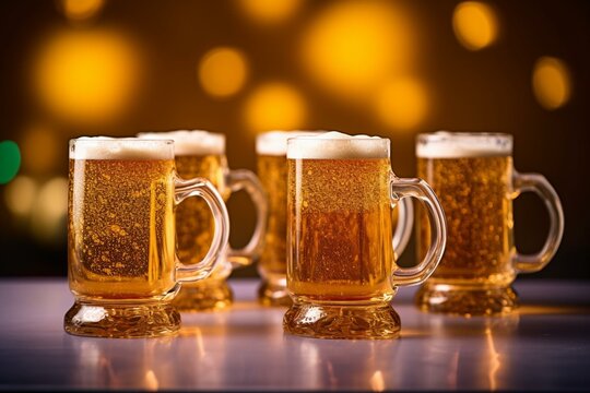 Arranged mugs of delicious beer with golden hue and foamy top. Generative AI