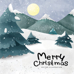 Fototapeta na wymiar Cold Winter Night Christmas Moon in Watercolor Illustration