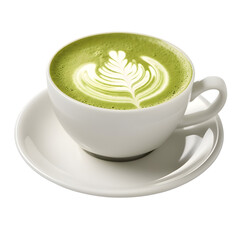 Hot matcha green tea latte art foam isolated on transparent background.
