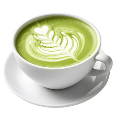 Hot matcha green tea latte art foam isolated on transparent background. - obrazy, fototapety, plakaty
