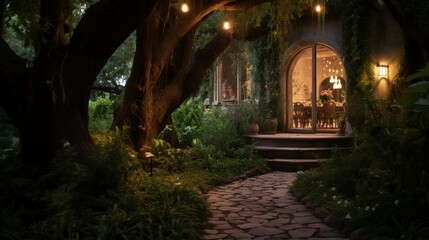 A secluded alcove with a softly lit pathway leading to a hidden garden retreat