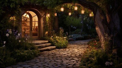 A secluded alcove with a softly lit pathway leading to a hidden garden retreat - Powered by Adobe
