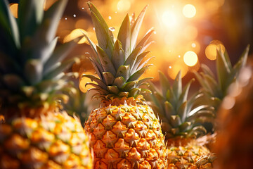 Generative AI Image of Fresh Pineapples Fruit with Bokeh Lights Background - obrazy, fototapety, plakaty