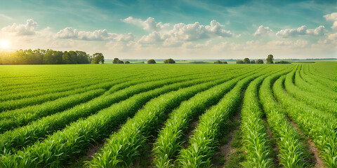 Fresh green field with corn growing. Farming countryside background. Green field and blue sky.