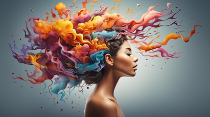 Eureka Moment, when an idea is born, colorful illustration of a woman having a grand idea - obrazy, fototapety, plakaty