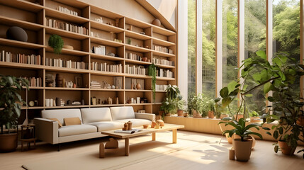 Living room with biophilic design and wooden furniture. Large windows , ight wood bookshelves, and overturned hardback books.