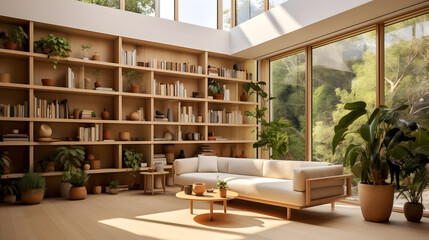 Living room with biophilic design and wooden furniture. Large windows , ight wood bookshelves, and overturned hardback books.
