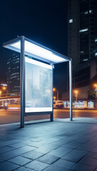 Blank white billboard at bus stand in evening rain, cityscape, generative ai