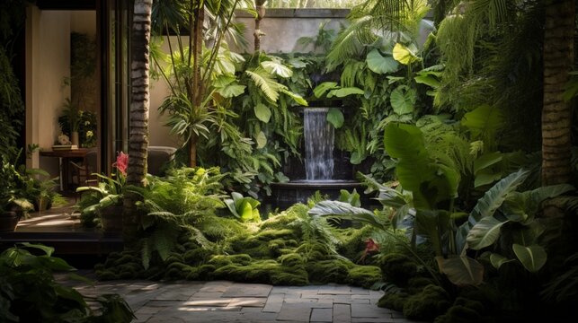 A secluded courtyard with a bubbling fountain and lush, vibrant ferns