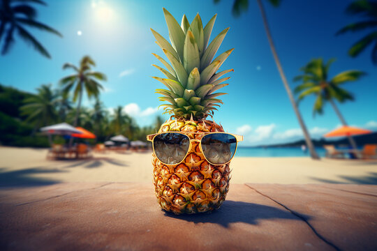 Generative AI Image of Pineapple Fruit with Sunglasses on the Beach