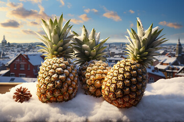 Generative AI Image of Pineapples Fruit in Snow Season with Housing View