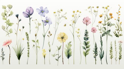 Set of floral watercolor Wild field herbs flowers isolated element set—illustration with green leaves and colorful plants Wedding stationery, wallpapers, fashion, backgrounds, textures Wildflowers - obrazy, fototapety, plakaty