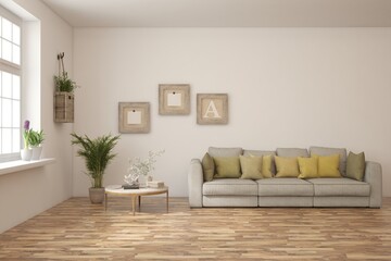 Fototapeta premium White living room with sofa. Scandinavian interior design. 3D illustration