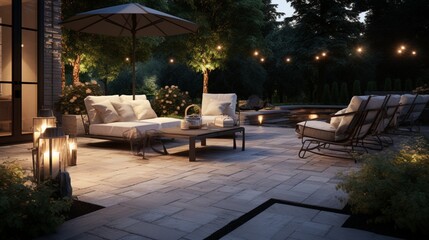 A secluded stone patio adorned with elegant outdoor furniture and soft lighting - obrazy, fototapety, plakaty