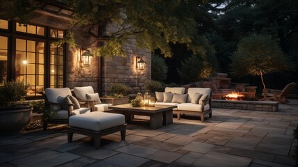 A secluded stone patio adorned with elegant outdoor furniture and soft lighting