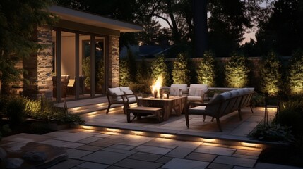 Fototapeta na wymiar A secluded stone patio adorned with elegant outdoor furniture and soft lighting