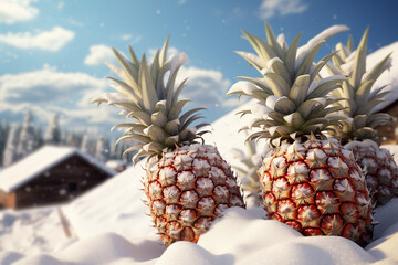 Generative AI Image of Pineapples Fruit with Winter Snow Scenery