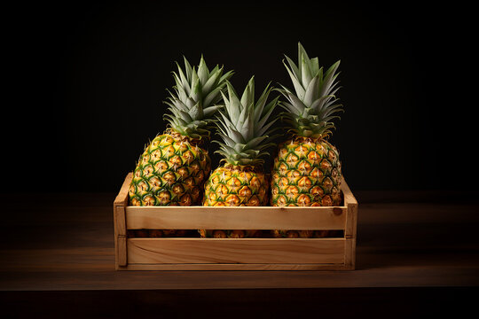 Generative AI Image of Pineapple Fruit in Wooden Box on Dark Background