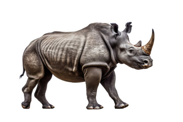 Isolated side view of walking rhino on transparent background. generative ai