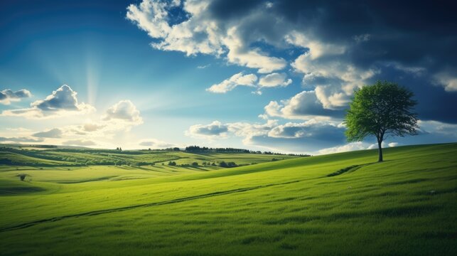 Free photo Landscape and nature in the spring. Landscape with dramatic sky and green meadows