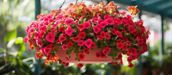Holiday florals showcased in a hanging basket at the nearby public conservatory