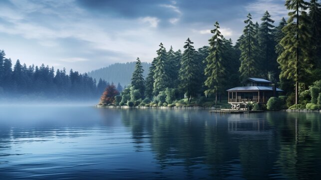 A serene lakeside retreat with cool shades of misty blue reflecting off the calm water, surrounded by lush evergreen foliage