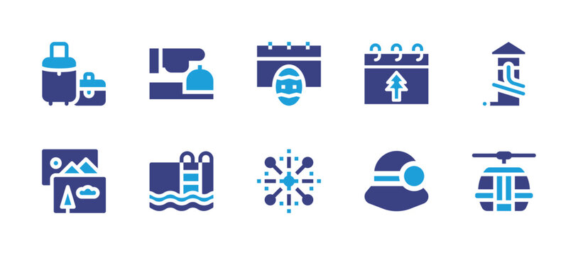 Holiday icon set. Duotone color. Vector illustration. Containing luggage, pictures, fireworks, calendar, pamela hat, reception, swimming pool, water park, cable car, easter.