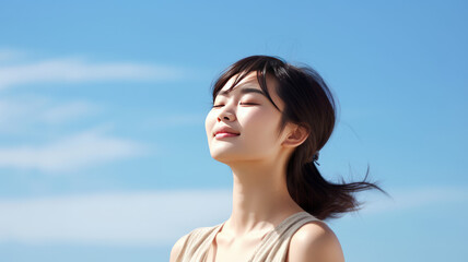Fototapeta na wymiar Young Japanese woman with radiant smile practicing yoga outdoors generative ai