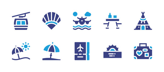 Holiday icon set. Duotone color. Vector illustration. Containing sun umbrella, flying, cable car, tipi, table, honeymoon, sea, ticket, fan, beach umbrella.