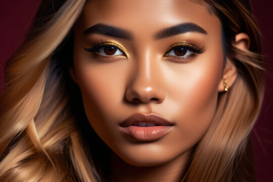 Studio portrait photo of a young beautiful girl mixed race Afro-Asian girl on red background, fashion concept, makeup and perfect skin, hair care, image generated by artificial intelligence