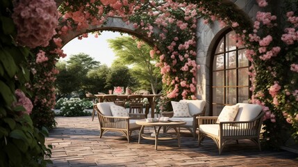 A serene patio with a gracefully arched stone pergola entwined with climbing roses