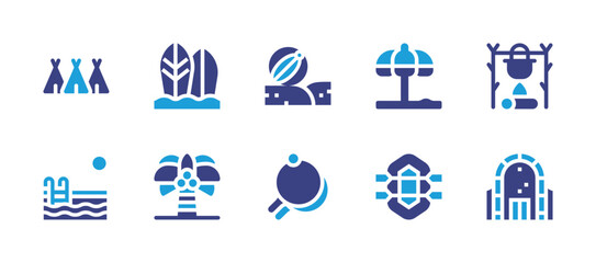 Holiday icon set. Duotone color. Vector illustration. Containing surfboard, palm tree, cooking, ice hotel, swimming pool, beach ball, racket, village, umbrella, rafting.