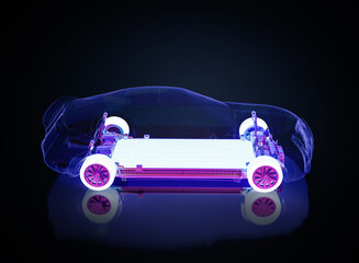 Electric car battery with pack of battery cells module on platform - obrazy, fototapety, plakaty