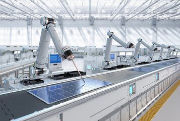 Automation industry with robot assembly line in solar panel factory