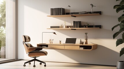 A sleek and minimalistic home office with a floating desk, wall-mounted shelves, and a leather swivel chair, designed for focused productivity and creativity