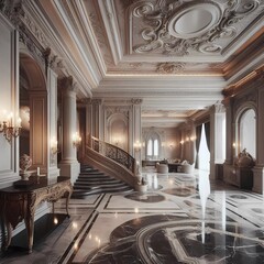 "The first picture is a luxurious interior house decorated with white and dark brown Italian marble. The natural texture and color of the Italian marble add elegance to the space."Generative Al
