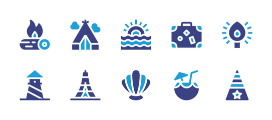 Holiday icon set. Duotone color. Vector illustration. Containing travel bag, cocktail drink, sunset, clam, bonfire, lighthouse, tent, eiffel tower, candle, party hat.