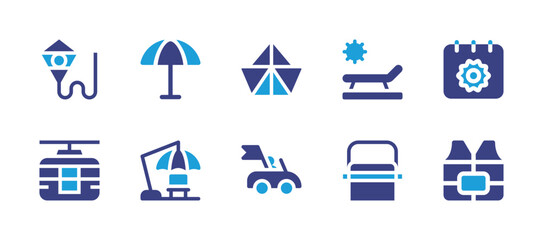 Holiday icon set. Duotone color. Vector illustration. Containing beach umbrella, sunbathing, portable fridge, date, life vest, kite, origami, cable car, car.