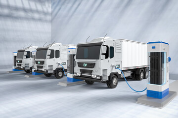 Ev logistic trailer truck or electric vehicle lorry at charging station - obrazy, fototapety, plakaty